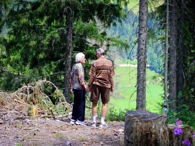 An elderly couple holding hands on a dirt trail in a green forest