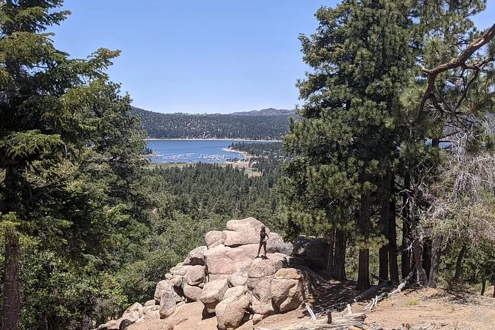 Hiker standing on rocks overlooking Big Bear Lake surrounded by pine trees
